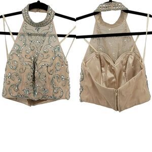 Bee Darlin Top Beaded Formal Belly Dancer Choker Bustier‎ Halter Aqua Blue S